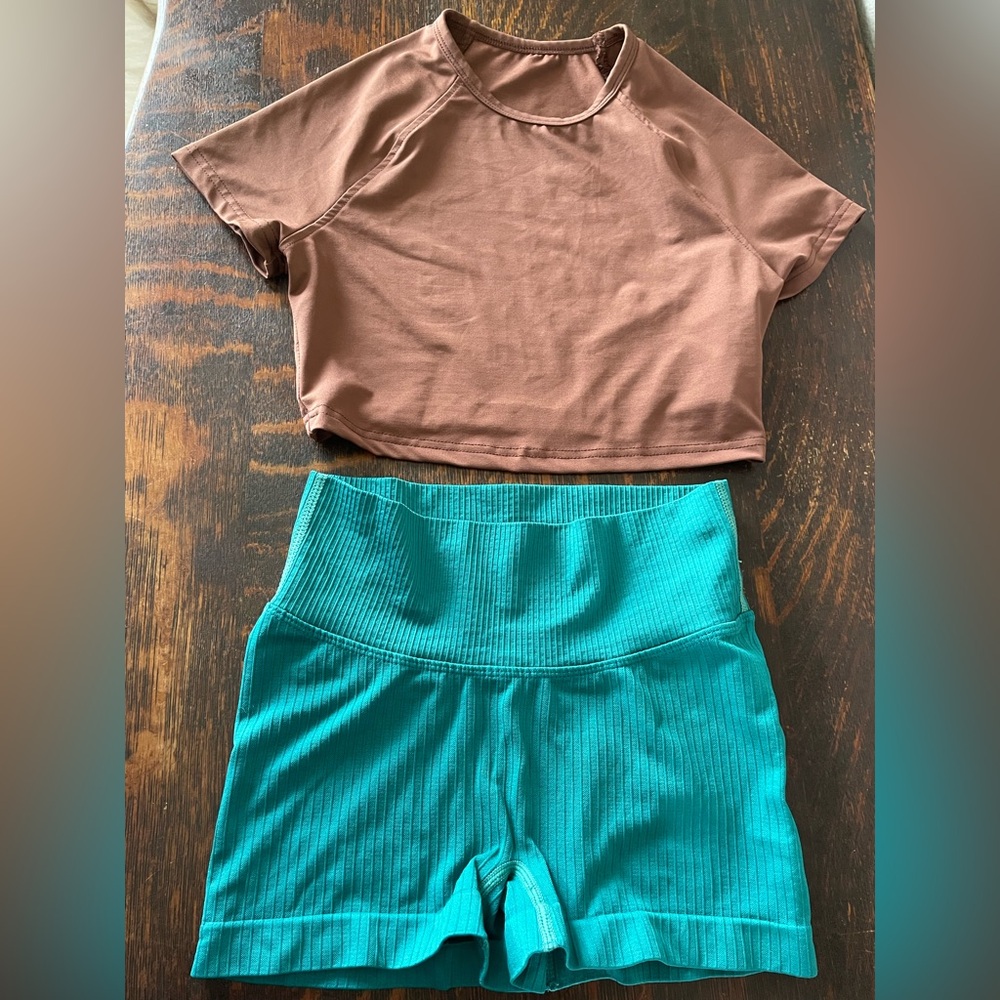SHEIN Brown Petite Top + Teal Workout Shorts Set